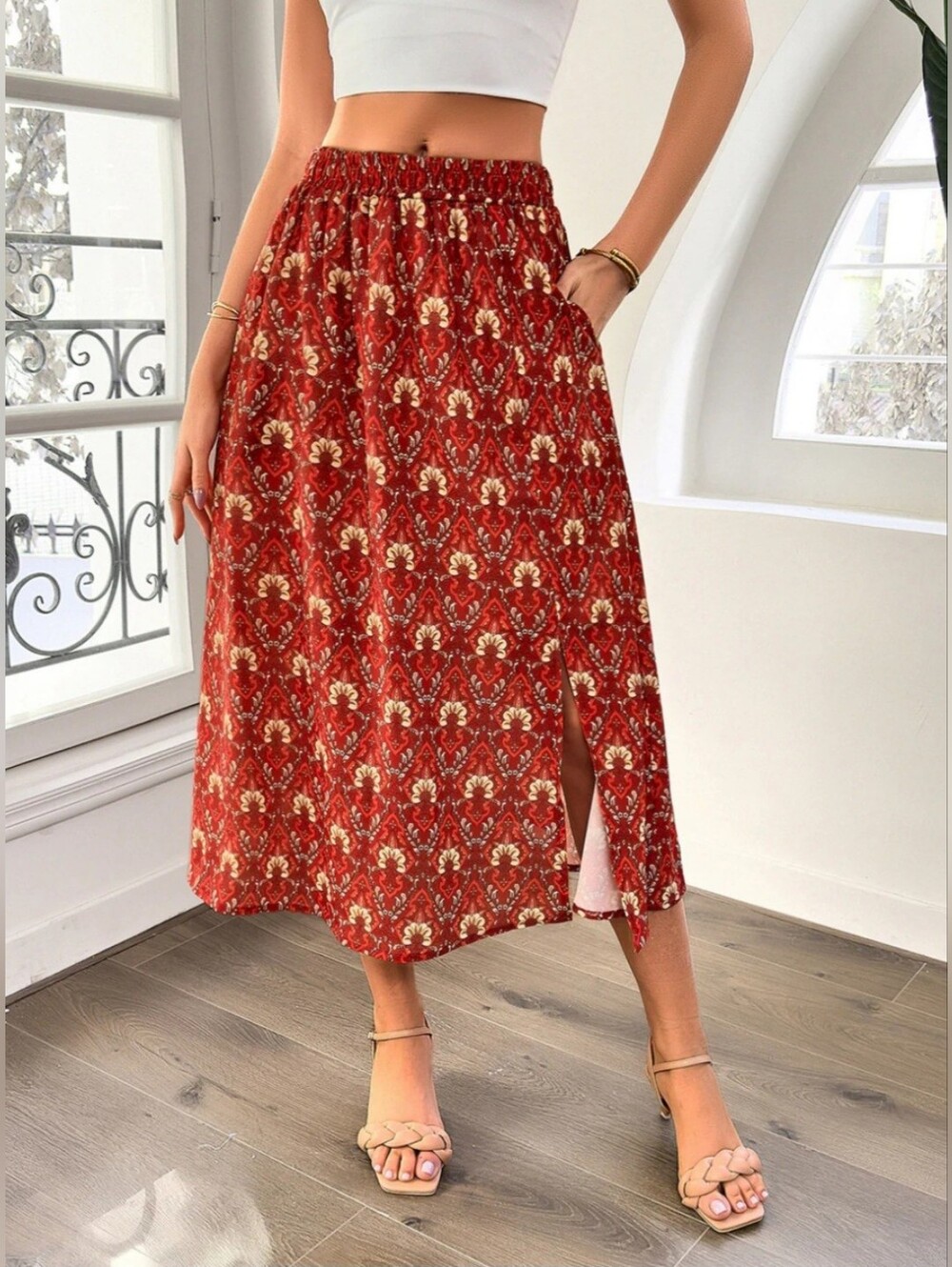 ❤NWT Kate Kasin "High Waist Front Slit Below Mid-calf A-line Swing Skirt" Red XL